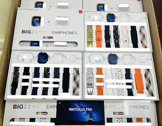 Collection of earphones and watch bands in packaging with visible branding.