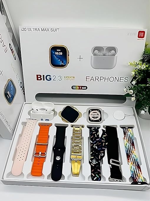 Smartwatch and earphone set with multiple band options in a box labeled 'BIG 2.3'.
