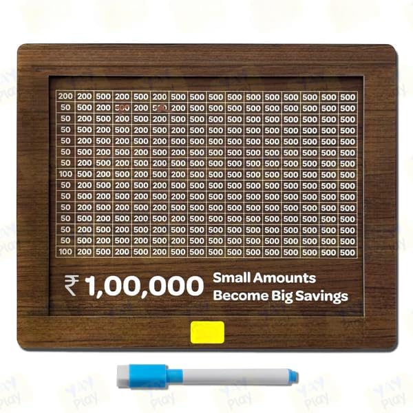 wooden money piggy bank with 100000 rupees savings tracker