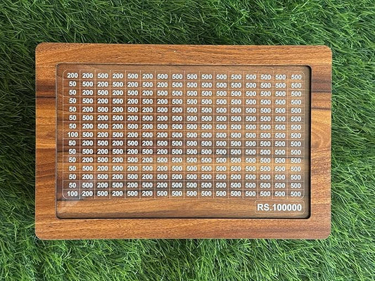 wooden money piggy bank with 100000 rupees savings tracker